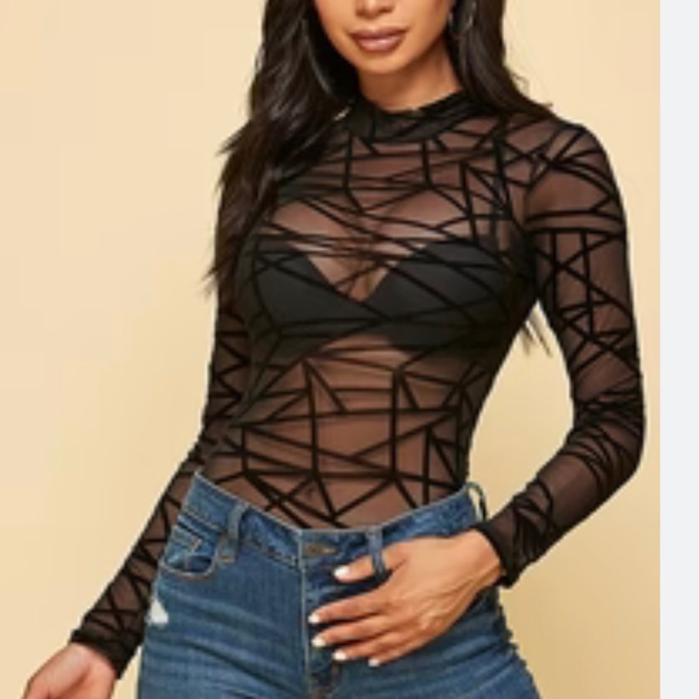 Sexy See-through Geometric Black Abstract Turtleneck Body Suit